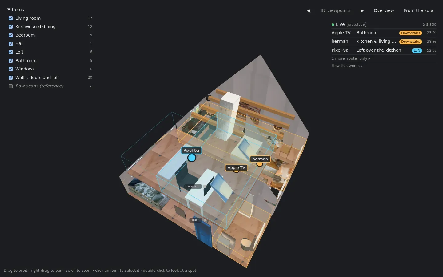 The live apartment view: a 3D model of the apartment with Apple-TV, herman and Pixel-9a placed by room, and the two Wi-Fi access points, hermanii and router.