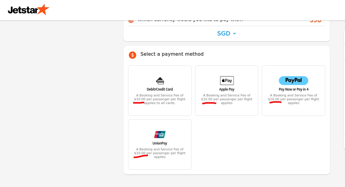 A screenshot showing jetstars payment options where every one adds a fee
